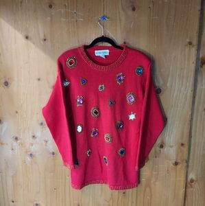 Victoria Harbour Vintage Red Cotton Blend Jewel Embellished Knit Sweater